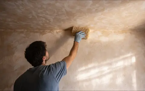 Hombre con guante azul usa esponja para sanear pared con textura.