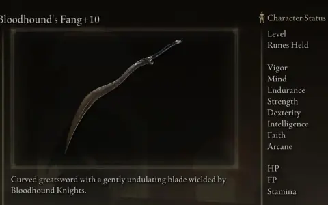La "Bloodhound's Fang" es una de las mejores armas destreza en Elden Ring, una gran espada curva con una hoja ondulante.