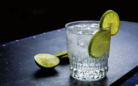 Ein erfrischender Gin Tonic, perfekt gemixt mit Eis und Limettenscheiben.