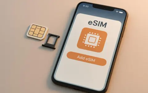 En smartphone visar "Add eSIM" bredvid ett traditionellt SIM-kort och dess hållare.
