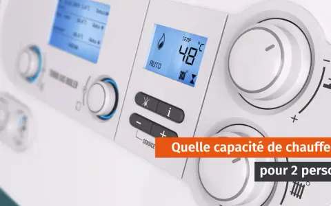 Le panneau d'un chauffe-eau moderne affiche 48°C. La question "Quelle capacité chauffe-eau pour 2 personnes ?" est mise en évidence.