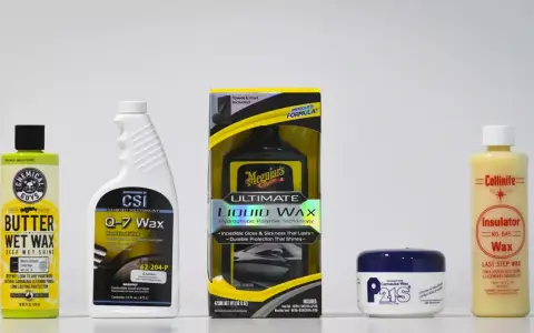 Comparing liquid wax vs paste wax: Chemical Guys Butter Wet Wax, CSI Q-7 Wax, Meguiar's Ultimate Liquid Wax, P21S Carnauba Wax, and Collinite Insulator Wax.