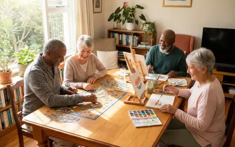 Cztery osoby wesoło spędzają czas, układając puzzle i malując. Świetne pomysły, co robić na emeryturze!