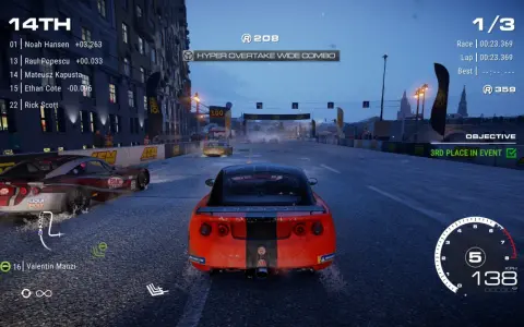 Wyścig w Grid Autosport na Nintendo Switch. Czerwony samochód pędzi po mokrym torze, cel: 3. miejsce w wydarzeniu.