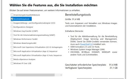 Auswahl von "Bereitstellungstools" für die Erstellung eines winpe iso. Enthält Tools für Imageverwaltung und Automatisierung.
