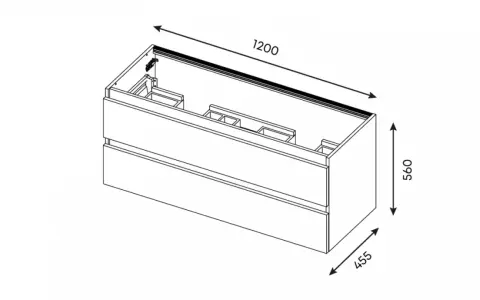 Meuble de salle de bain avec deux tiroirs. Dimensions : 1200 mm de largeur, 560 mm de hauteur et 455 mm de profondeur.
