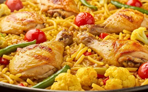 Deliciosa fideuà de pollo con trozos dorados de pollo, fideos finos, tomates cherry, pimientos verdes y coliflor.