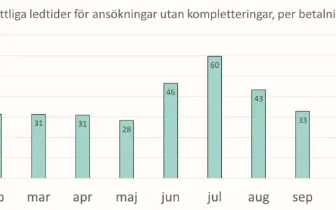 Diagram visar genomsnittliga ledtider i dagar för ansökningar utan kompletteringar, per månad. Högst ledtid var i juli (60 dagar), vilket kan påverka processer hos etikprövningsnämnden.