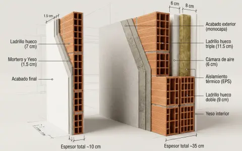 Corte de un muro con ladrillo hueco, aislamiento y acabados. Se aprecian capas de ladrillo hueco, mortero, yeso, cámara de aire y aislamiento térmico.