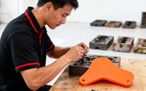 A technician works on a mold, a key step in rapid tooling.