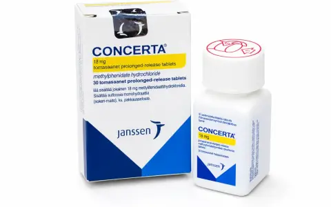 Opakowanie i butelka leku Concerta 18 mg, zawierającego metylofenidatu chlorowodorek.