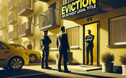 Egzekutor przed drzwiami, gdzie mieszka lokator bez umowy najmu i zameldowania. Znak "EVICTION" sugeruje problem.