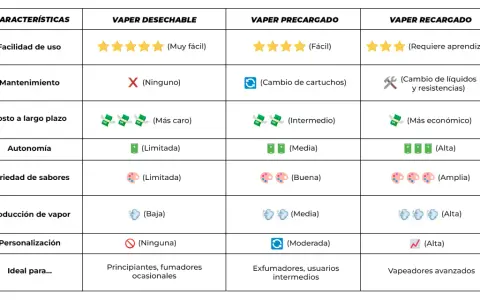 Tabla comparativa de vapers: desechable, precargado y recargado. Muestra características como facilidad de uso, mantenimiento, costo, autonomía, variedad de sabores, producción de vapor, personalización e ideal para. Accesorios vaper.
