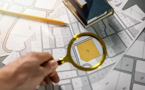Szukasz informacji, jak sprawdzić zadłużenie księgi wieczystej? Na mapie działka 220 jest badana lupą, obok leży model domu i ołówek.