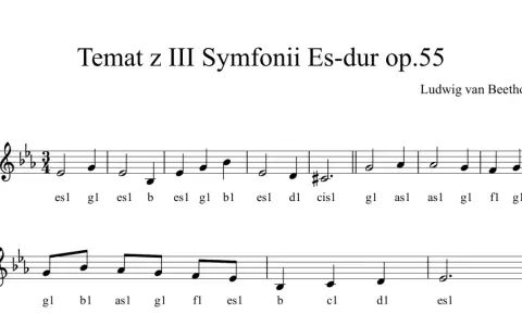 Temat z III Symfonii Es-dur op.55 Ludwiga van Beethovena. Nuty dla fortepianu, ukazujące klucz w muzyce i sekwencję dźwięków.