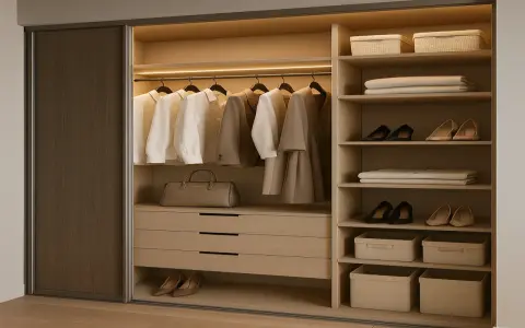 Armario empotrado moderno con ropa colgada, bolsos, zapatos y cestas organizadoras. Ideas para como hacer un armario empotrado funcional y elegante.