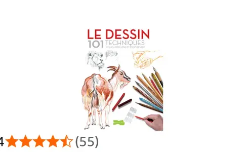Le livre "Le Dessin, 101 techniques" montre un travail de dessin avec des lions, une chèvre et des mains, ainsi que des crayons et pastels.