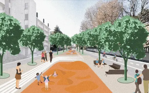Un'area pedonale vivace, con bambini che giocano e persone che passeggiano, simbolo di **rigenerazione urbana** e spazi verdi ritrovati.