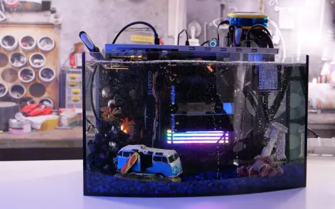 Komputer w akwarium z chłodzeniem cieczą, zanurzony w oleju mineralnym. W środku miniaturowy kamper i surfer.