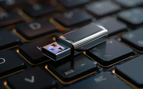 Srebrny pendrive na klawiaturze. Dowiedz się, jak zaszyfrować pendrive, by chronić swoje dane.