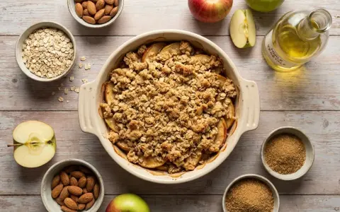 Crumble aux pommes dans un plat, entouré de pommes, d'amandes, de flocons d'avoine et de sucre brun.