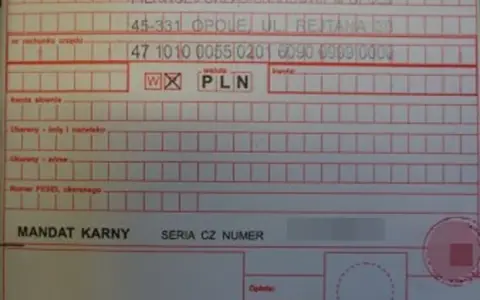 Mandat karny z danymi urzędu skarbowego i numerem identyfikatora zobowiązania mandat.