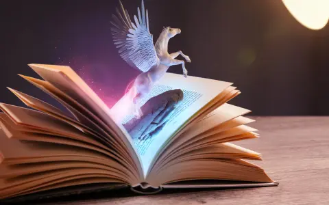 Otwarta księga, z której wyłania się skrzydlaty koń. To właśnie jest **fantasy co to** znaczy – magia i niezwykłe stworzenia ożywiające opowieści.