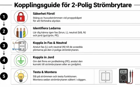 Steg-för-steg-guide för att koppla en 2-polig strömbrytare: säkerhet först, identifiera ledare, koppla in fas/neutral/jord, testa och montera.