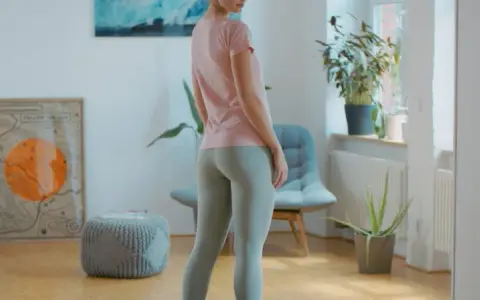 Frau in Sportkleidung, bereit für ein Workout. BWS mobilisieren für mehr Flexibilität. Bücherregal und Pflanzen im Hintergrund.