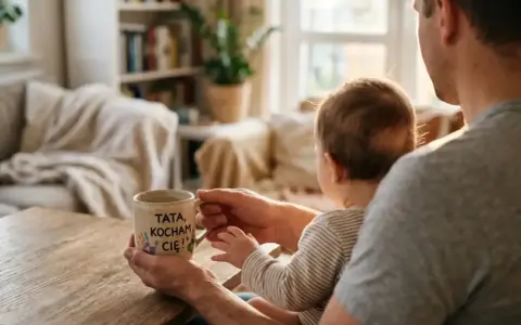 Ciepły gest z okazji dnia ojca. Ojciec trzyma kubek z napisem "TATA, KOCHAM CIĘ!", a dziecko siedzi mu na kolanach.