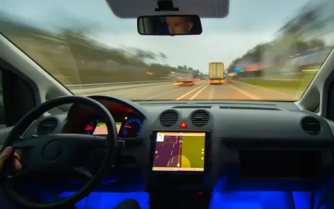 Widok z kabiny samochodu jadącego autostradą. Na desce rozdzielczej tablet z nawigacją, a obok niego system rozpoznawania znaków drogowych.