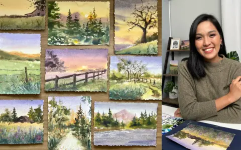 Apprenez comment faire de l'aquarelle maison avec ces paysages bucoliques et une artiste souriante.
