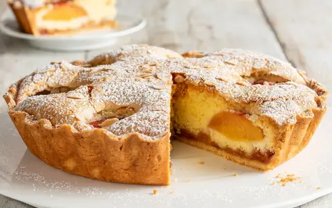 Una fetta di torta alle pesche, con la crosta dorata e un ripieno succoso, cosparsa di zucchero a velo e mandorle.