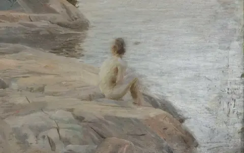 En ung person sitter på en klippa vid vattnet, fångad i Anders Zorns karaktäristiska ljus.