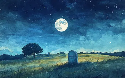 Nocny krajobraz z księżycem, gwiazdami i nagrobkiem na wzgórzu.