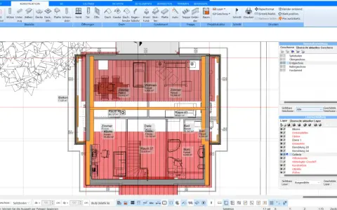 Grundriss Dachgeschoss mit Räumen, Möbeln und Maßen. Die Ansicht zeigt einen detaillierten Grundriss eines Dachgeschosses, inklusive der Aufteilung in verschiedene Räume wie Wohnen, Zimmer, Küche, Diele, Bad und Büro. Möbel und Einrichtungsgegenstände ...