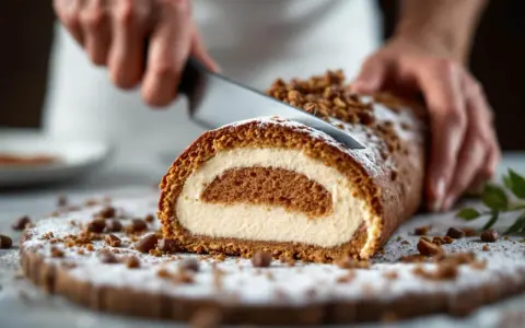 Une main coupe une tranche de roulé à la crème, garni de miettes croustillantes pour buche. Saupoudré de sucre glace.