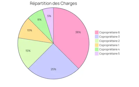 Répartition des charges pour la tantième copro : le copropriétaire 6 paie 38%, le 3 paie 25%, le 2 paie 15%, le 1 paie 10%, le 4 paie 8% et le 5 paie 5%.