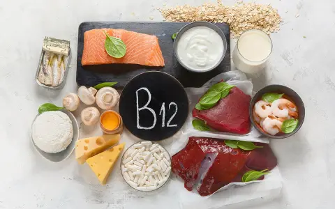 Vielfältige vitamin b12 lebensmittel: Lachs, Rindfleisch, Leber, Garnelen, Sardinen, Eier, Milchprodukte, Pilze und Haferflocken.
