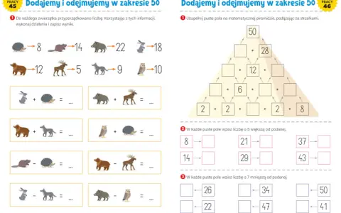 Karty pracy matematyka klasa 3: zadania z dodawaniem i odejmowaniem w zakresie 50, piramida matematyczna i uzupełnianie liczb.