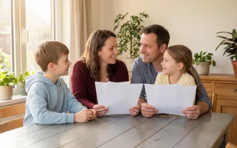 Familie bespricht Dokumente, vielleicht zur Absicherung des Bezugsrechts einer Lebensversicherung.
