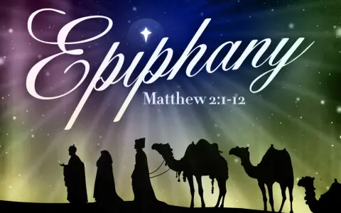 Silhouettes of the Three Wise Men on camels journey under a starry sky, illustrating Catholic homilies on the Epiphany.