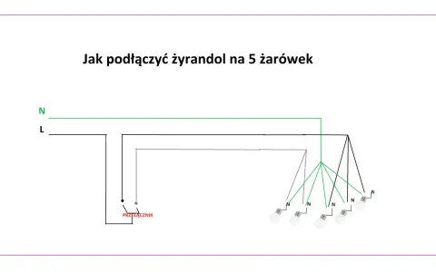 Schemat podłączenia żyrandola z 5 żarówkami, z zaznaczonym przełącznikiem.
