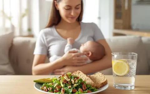 Zdrowa dieta matki karmiącej: świeża sałatka z awokado i orzechami, pełnoziarniste pieczywo i woda z cytryną.