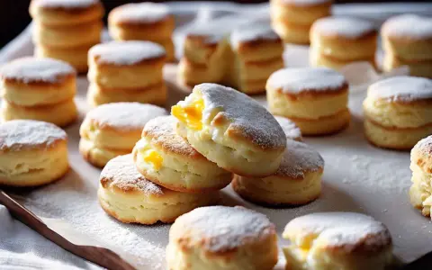 Délicieux biscuits cuillère saupoudrés de sucre glace, certains garnis d'une crème jaune. Parfait pour une recette facile et gourmande.
