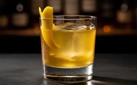 En gyllene drink med is och citronskal, en riktig "gold rush drink" som väntar på att avnjutas.
