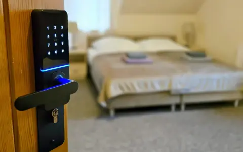 Cyfrowa klamka z klawiaturą numeryczną i niebieskim podświetleniem, symbolizująca digitalizację w hotelarstwie. W tle łóżko.