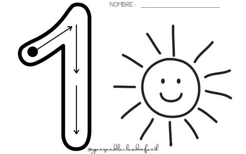 Fichas números infantil: el número 1 con flechas para trazar y un sol sonriente. Ideal para aprender a escribir el uno.