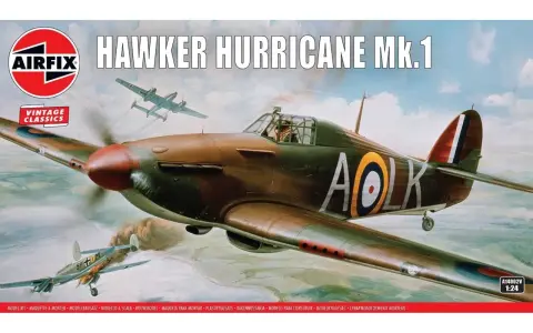 Airfix-Modellbausatz: Hawker Hurricane Mk.1 im Flug, ein ikonisches Jagdflugzeug, das im Kampf gegen feindliche Flugzeuge eingesetzt wird.