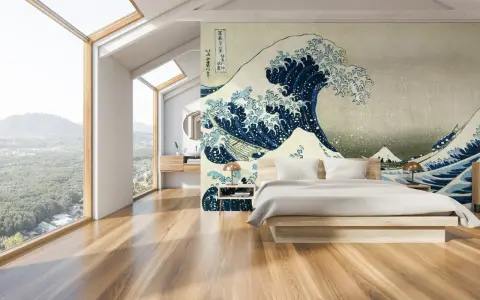Camera da letto idee originali con un murale ispirato alla Grande Onda di Kanagawa. Un letto moderno e finestre panoramiche completano l'ambiente.